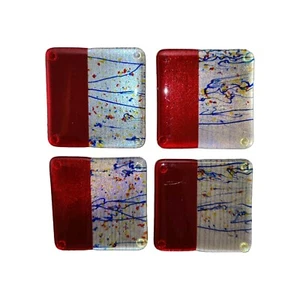 Schmelzglas irisiert Untersetzer 4 rote Konfetti blau rot gelb quadratische Bar - Bild 1 von 13