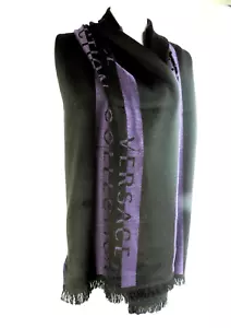 VERSACE COLLECTION Black Purple Wool Blend Long Wrap Scarf Reversible 72X15inch - Picture 1 of 21