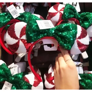 Disney Parks Lollipop Candy Cane Natale Paillettes Minnie Orecchie Fiocco Cerchietto US - Foto 1 di 6
