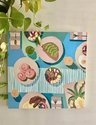 Arte de pintura original de bodegón de comida de desayuno Foto 1 de 4