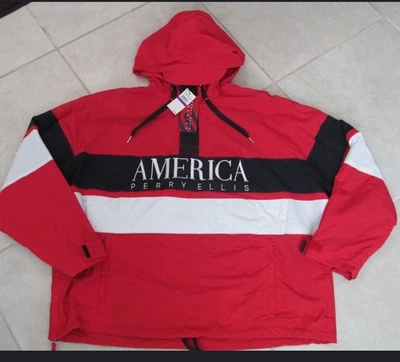 Perry Ellis America Anorak Jacket Men Sz 2XL Red Blue White Spellout Colorblock - Image 1 of 4