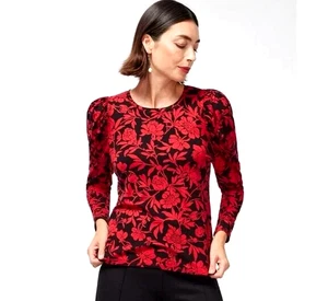 Chicos 2 Touch Of Cool Floral Pullover Crew Top L Stretch Jersey Knit Red Floral - Picture 1 of 11