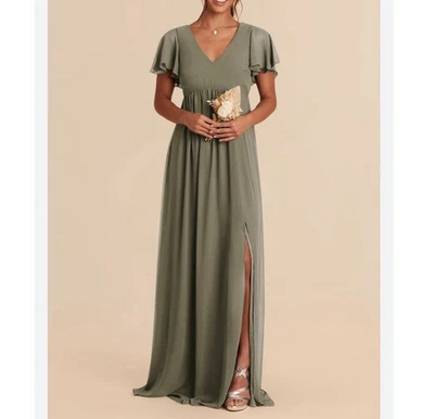 Vestido Hannah Gris Pájaro Talla M Verde Oliva Gasa Salvia Imperio Mangas Acampanadas Foto 1 de 4