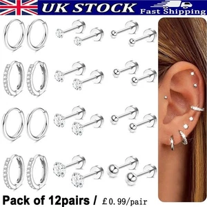 12 Pairs Surgical Steel Earrings Hypoallergenic Huggie Hoop Earring Ear Piercing - Picture 1 of 10