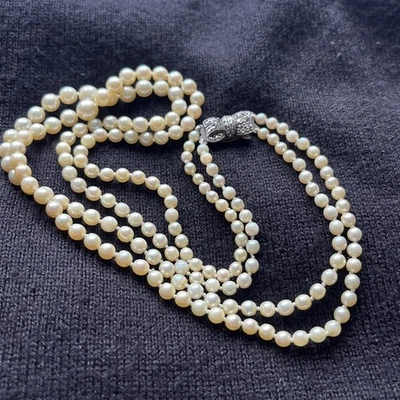 Antique graduated 2 strand pearl necklace with silver and marcasite clasp  - Image 1 of 4