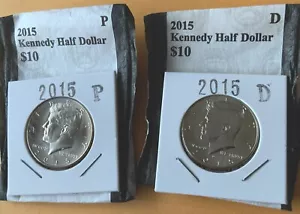 2015 P&D Kennedy medio dólar (juego de 2 monedas) brillante sin circular con rollo USM. - Imagen 1 de 8