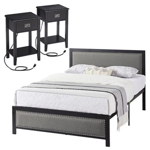 3Pcs Bedroom Set Upholstered Headboard Metal Platform Bed Frame + 2 Nightstands - Picture 1 of 41