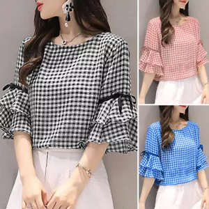 Mujeres Verano Vacaciones Playa Camisa Campana Mangas Cortas a Cuadros Cuadros Blusa Suelta Prendas para el torso - Imagen 1 de 14