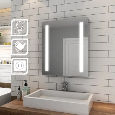 LED Bathroom Mirror Cabinet with Shaver Socket Storage Wall Mounted 600x700mm