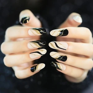 Uñas postizas OVALADAS LARGA Cubierta Completa Rosa/Negro/Oro Falsa Curva Retro Fiesta 24 piezas - Imagen 1 de 4