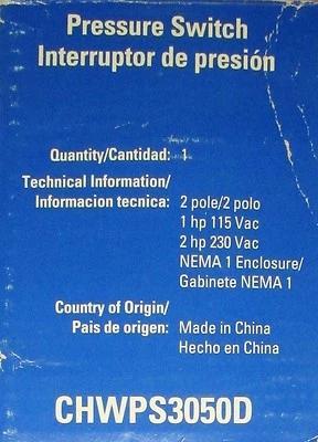 EATON CUTLER HAMMER Pressure Switch 30-50 PSI 2 Pole CHWPS3050D