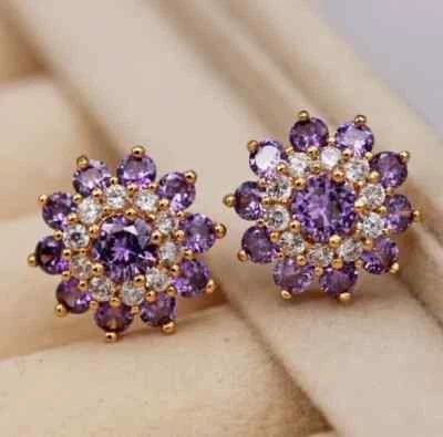 Aretes con flores de amatista de corte redondo de 3 quilates enchapados en oro amarillo de 14 quilates Foto 1 de 3