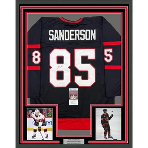 Framed Autographed/Signed Jake Sanderson 35x39 Ottawa Black Jersey JSA COA - Picture 1 of 2