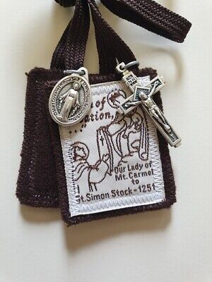Sturdy Brown Scapular Of Our Lady Of Mt Carmel 100% Woven Wool Plus 2 Medals  • 14.45$