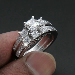 14k White Gold Over 1.75Ct Princess Created Diamond Engagement Ring Bridal Set - Picture 1 of 6
