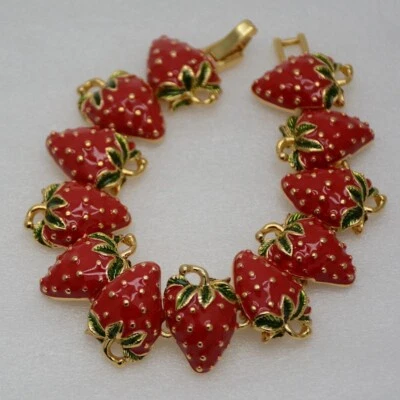 Lindo brazalete tenis fresa chapado en oro de 7" esmalte a presión rojo verde nuevo con etiquetas Foto 1 de 4