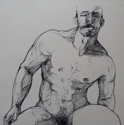 Original Pen and Ink Drawing of a  Stretching Standing Muscular Male Nude - Image 1 of 4