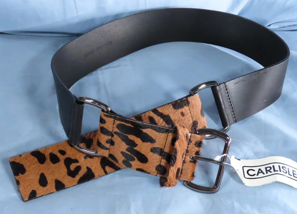 New VTG CARLISLE BELT Black Leather CALF HAIR LEOPARD PRINT Silver Rings SZ M - Image 1 of 4