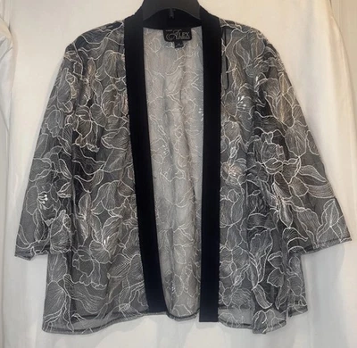 Chaqueta para mujer Alex Evenings negra plateada floral manga 3/4 frente abierto talla 2X Foto 1 de 4