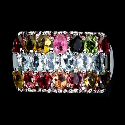 925 Sterling Silver Ring Oval Aquamarine Rhodolite Tourmaline Gemstone Jewelry - Image 1 of 4
