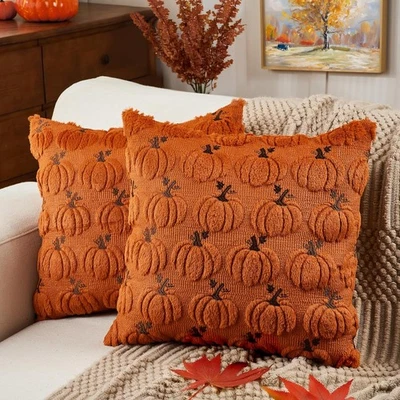 Juego de 2 fundas de almohada Emvency Fall 18x18, otoño naranja quemado calabaza  Foto 1 de 4