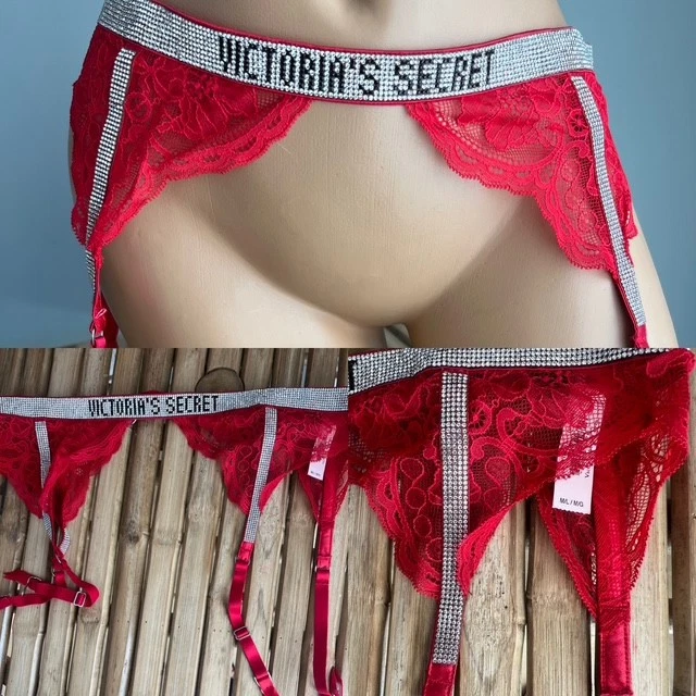 VICTORIAS SECRET RED LACE RHINESTONE GARTER BELT sz M / L *New W/ Tags* - Image 1 of 1