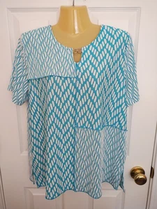Alfred Dunner Women's Turquoise Blue & White Short Sleeve Top - Size Medium - Picture 1 of 3