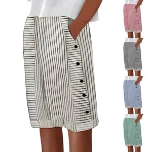 Womens Striped Elastic Waistband High Waistband Pockets Side Buttons Loose Pants - Picture 1 of 39