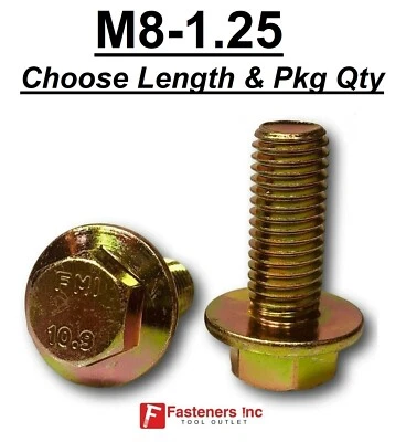 M8-1.25 x (Choose Length) Grade 10.9 Metric Flange Bolts Yellow Zinc Hardened - Image 1 of 4