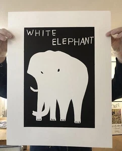 DAVID SHRIGLEY s/n linocut print WHITE ELEPHANT (2021) - ed. 98/100 - Picture 1 of 8
