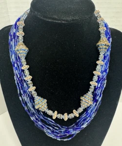 Multi strand Necklace Shades of Blue & Clear Beads Rhinestones Gold tone Brass - Picture 1 of 5