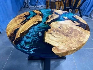 Round Blue Epoxy Resin Tabletop | Ocean Wave Design | Handmade Coastal Furniture - Picture 1 of 10
