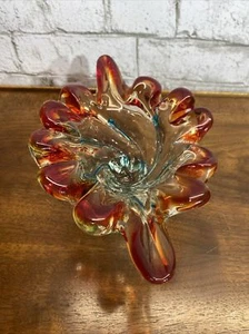 VTG Murano Jack Blanco For JI Art Glass Red & Aqua Footed Bon Bon Ash Tray 1967 - Picture 1 of 17
