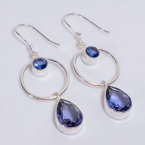 Iolite Tanzanite Stone Ethnic 925 Sterling Silver Earrings 2.2" KE-499 I881 - Picture 1 of 6