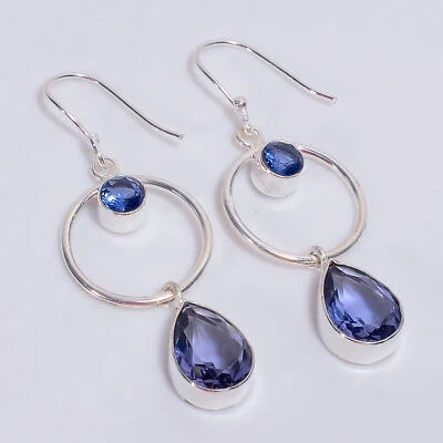 Pendientes étnicos de plata de ley 925 de piedra de tanzanita de iolita de 2,2" KE-499 I881 Foto 1 de 4