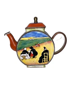 Vtg Miniature Teapot Hand Painted Enamel Copper Brass Women Beach Scene Signed - Picture 1 of 8