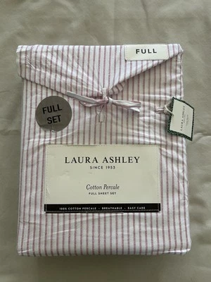 NEW 4pc Laura Ashley Full Sheet Set JAYNIE TICKING STRIPES Red & White - Image 1 of 4