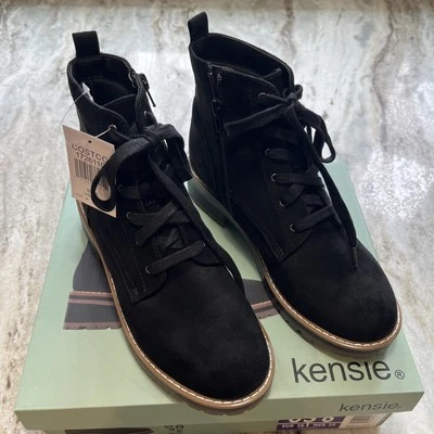 Botas al tobillo Kensie para mujer “Kasha” de gamuza con cordones cierre de cremallera negras, talla 8 Foto 1 de 4