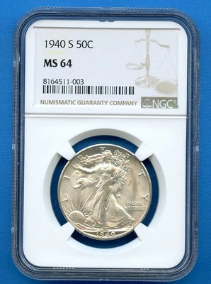 1940 S NGC MS64 Walking Liberty Silver Half Dollar 50c US Mint Coin Blast White - Image 1 of 3