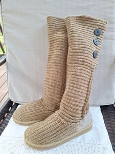 UGG Classic Cardy Tall Sweater Boots Womens 8 Tan Knit 3 Wood Button 3 Ways - Picture 1 of 19