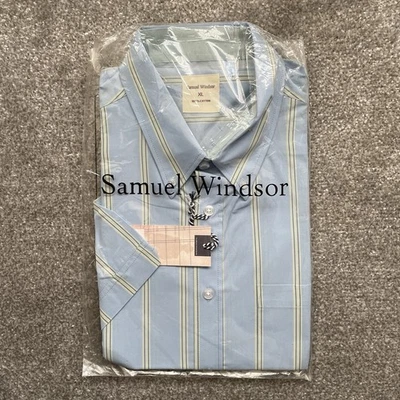 Samuel Windsor Short Sleeve 100% Cotton Pale Blue & Yellow Striped Shirt XL ✅ - Image 1 of 4