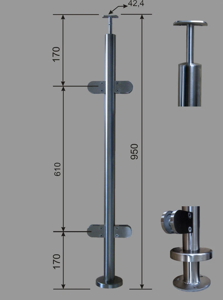 Edelstahl Geländer Pfosten RR 42,4  mit Glashalter V2A  - Bild 1 von 1