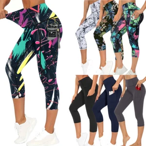 Women's High Waist Cropped Pants Pockets Workout Athletic Running Capri Leggings - Picture 1 of 20