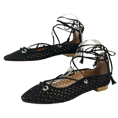 Halogen Shoes Womens Sz 8 Nella Ghillie Black Suede Eyelet Ankle Wrap Flats Nwob - Image 1 of 4