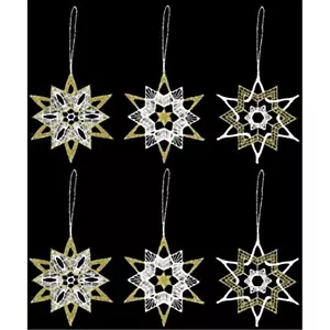 Gold and White Stars German Lace Christmas Tree Ornaments Set of 6 Snowflakes - Picture 1 of 5