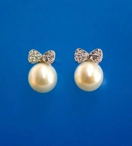 14K Yellow and White Gold Bow Tie Pearl CZ Stud Earring - Picture 1 of 10