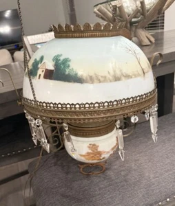 Bradley Hubbard Electrified Hanging Oil Lamp Pastoral Farm Scene Chandelier - Picture 1 of 14