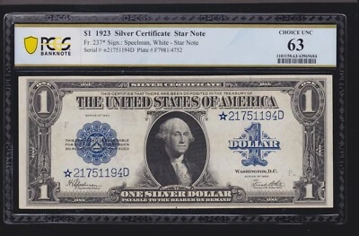 US 1923 $1 Silver Certificate STAR NOTE* FR 237* PCGS 63 Ch CU (194) - Image 1 of 2