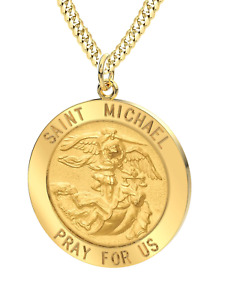 Herren 14k Gelbgold Runde St. Saint Michael Massiv Medaille Anhänger Halskette, 25 mm