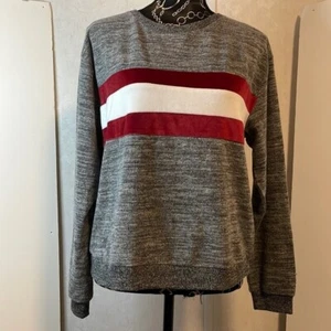 Crewneck Sweatshirt Gray Red White Striped Pullover Casual Top - Picture 1 of 4